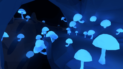 Glowing mushrooms in a cave